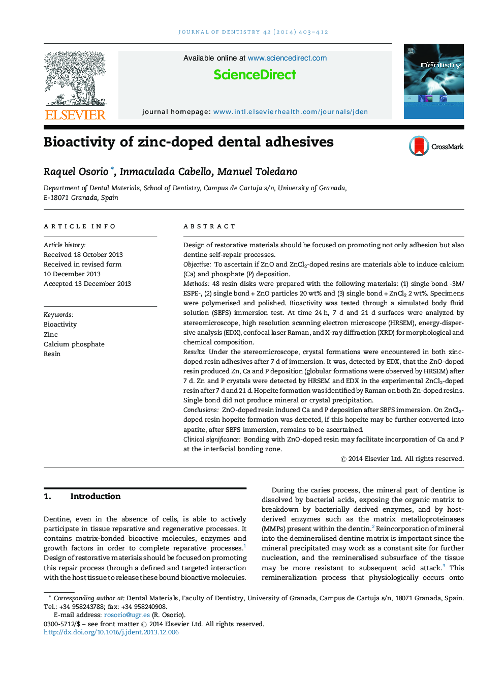 Bioactivity of zinc-doped dental adhesives