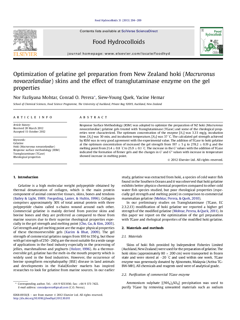 Optimization of gelatine gel preparation from New Zealand hoki (Macruronus novaezelandiae) skins and the effect of transglutaminase enzyme on the gel properties