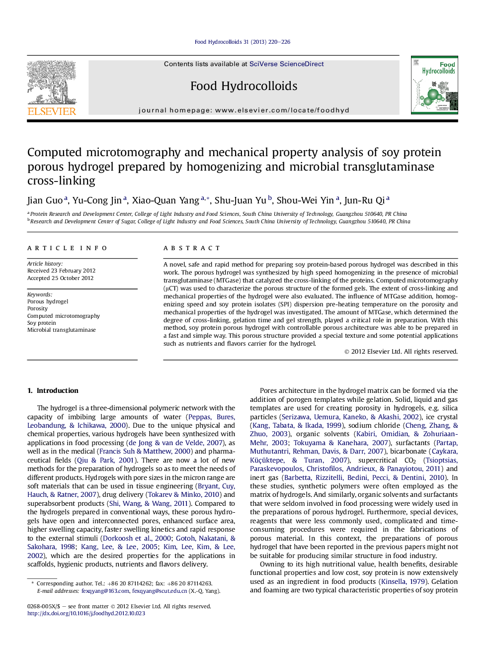 Computed microtomography and mechanical property analysis of soy protein porous hydrogel prepared by homogenizing and microbial transglutaminase cross-linking