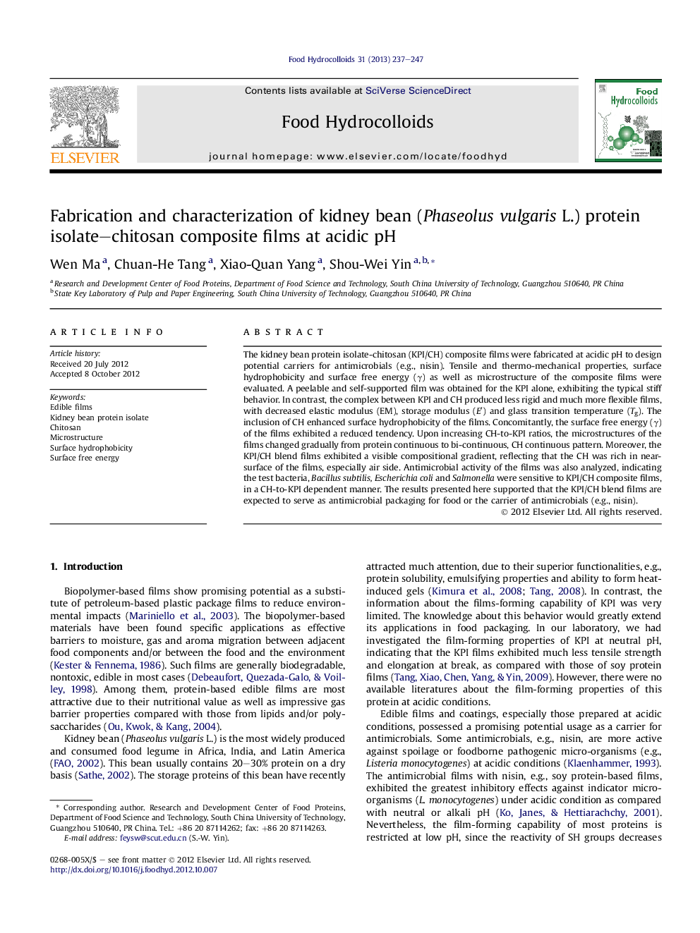 Fabrication and characterization of kidney bean (Phaseolus vulgaris L.) protein isolate–chitosan composite films at acidic pH