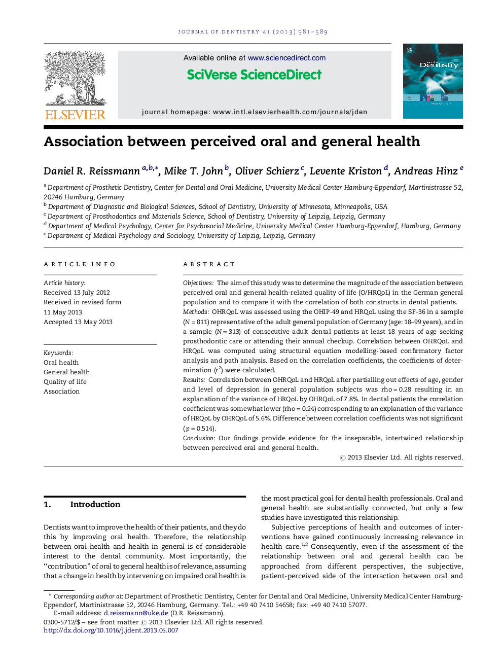 Association between perceived oral and general health