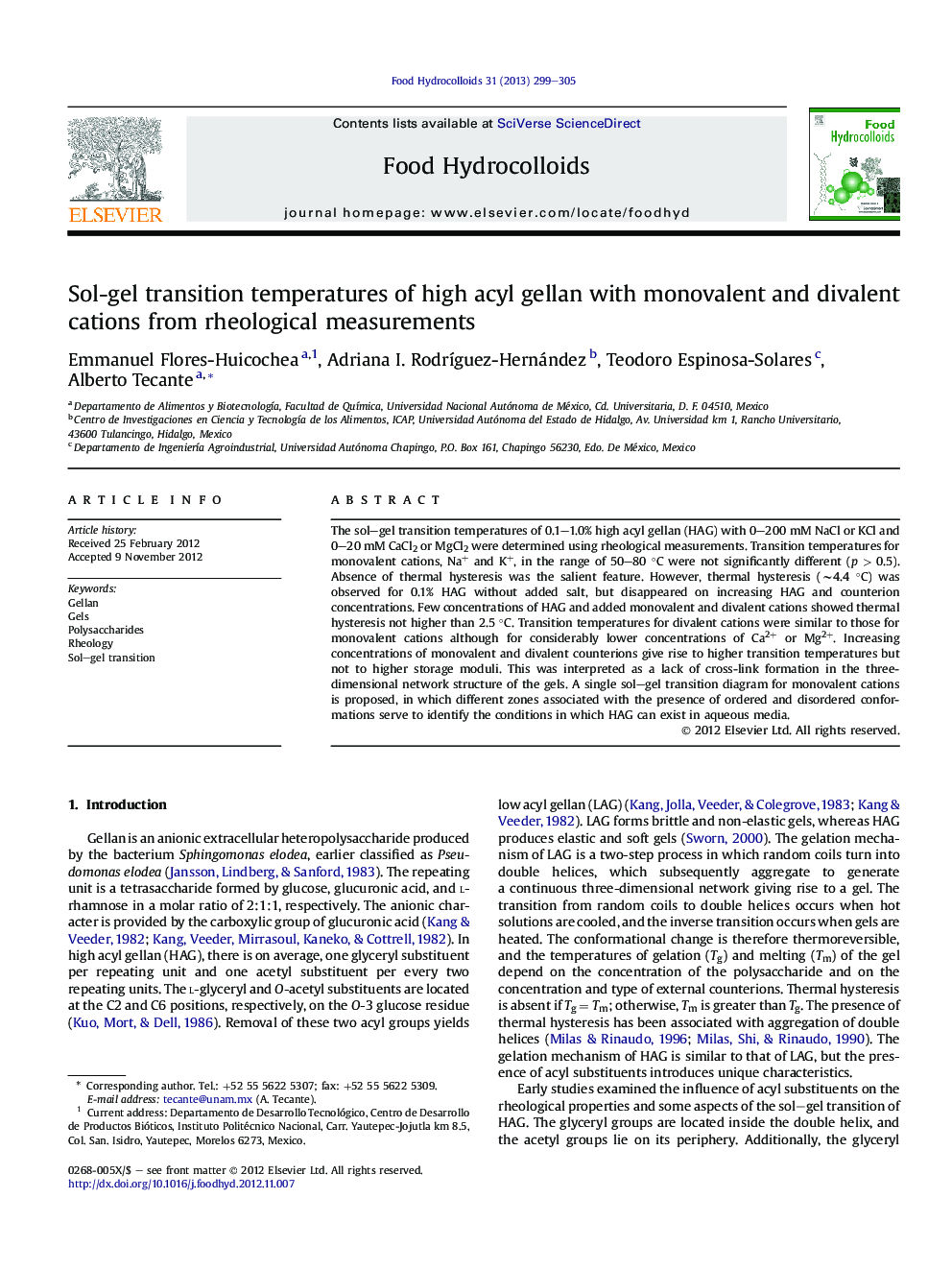 Sol-gel transition temperatures of high acyl gellan with monovalent and divalent cations from rheological measurements