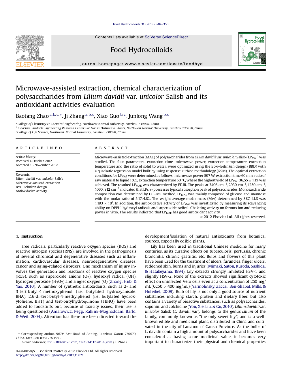 Microwave-assisted extraction, chemical characterization of polysaccharides from Lilium davidii var. unicolor Salisb and its antioxidant activities evaluation