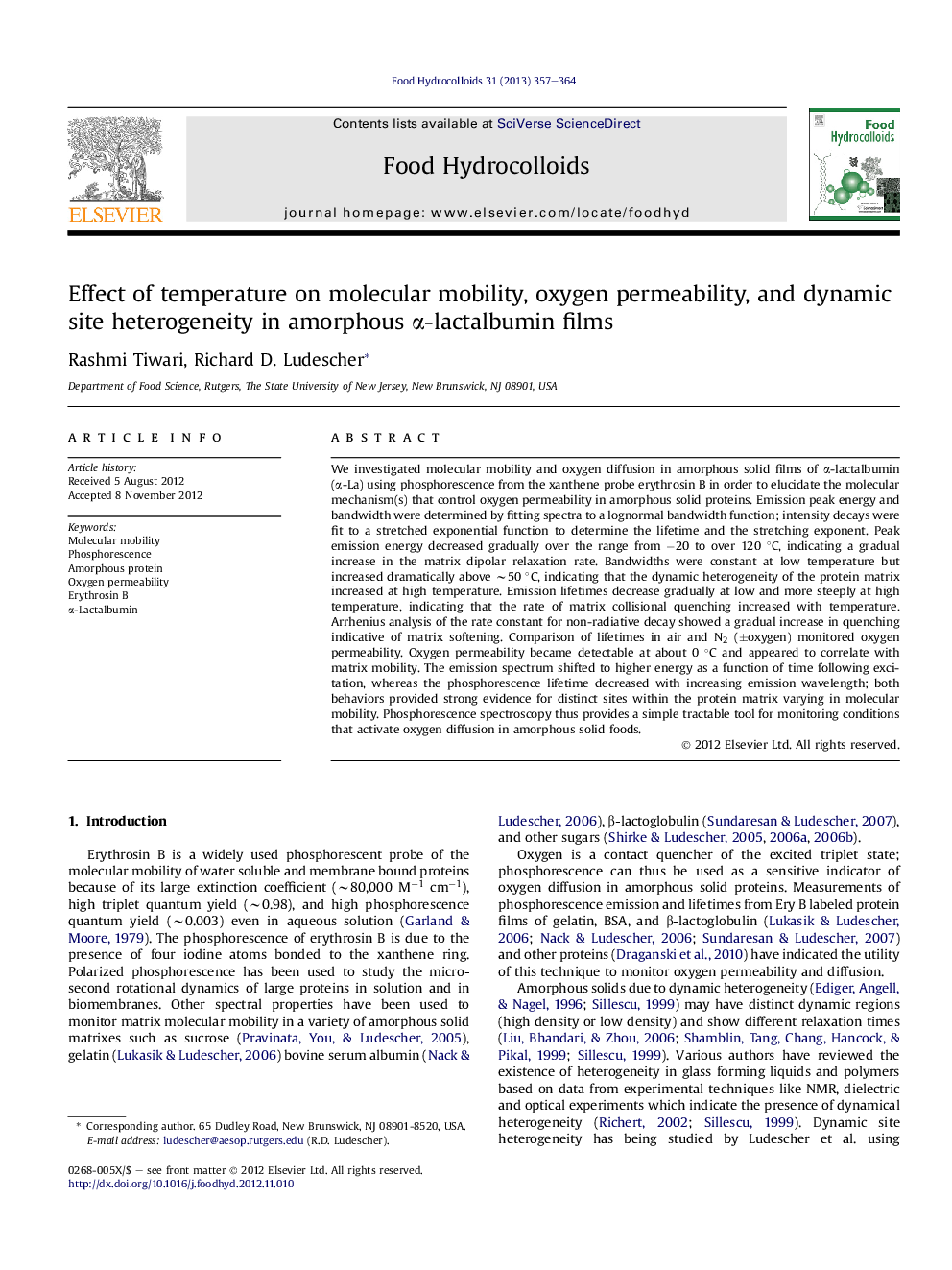 Effect of temperature on molecular mobility, oxygen permeability, and dynamic site heterogeneity in amorphous α-lactalbumin films