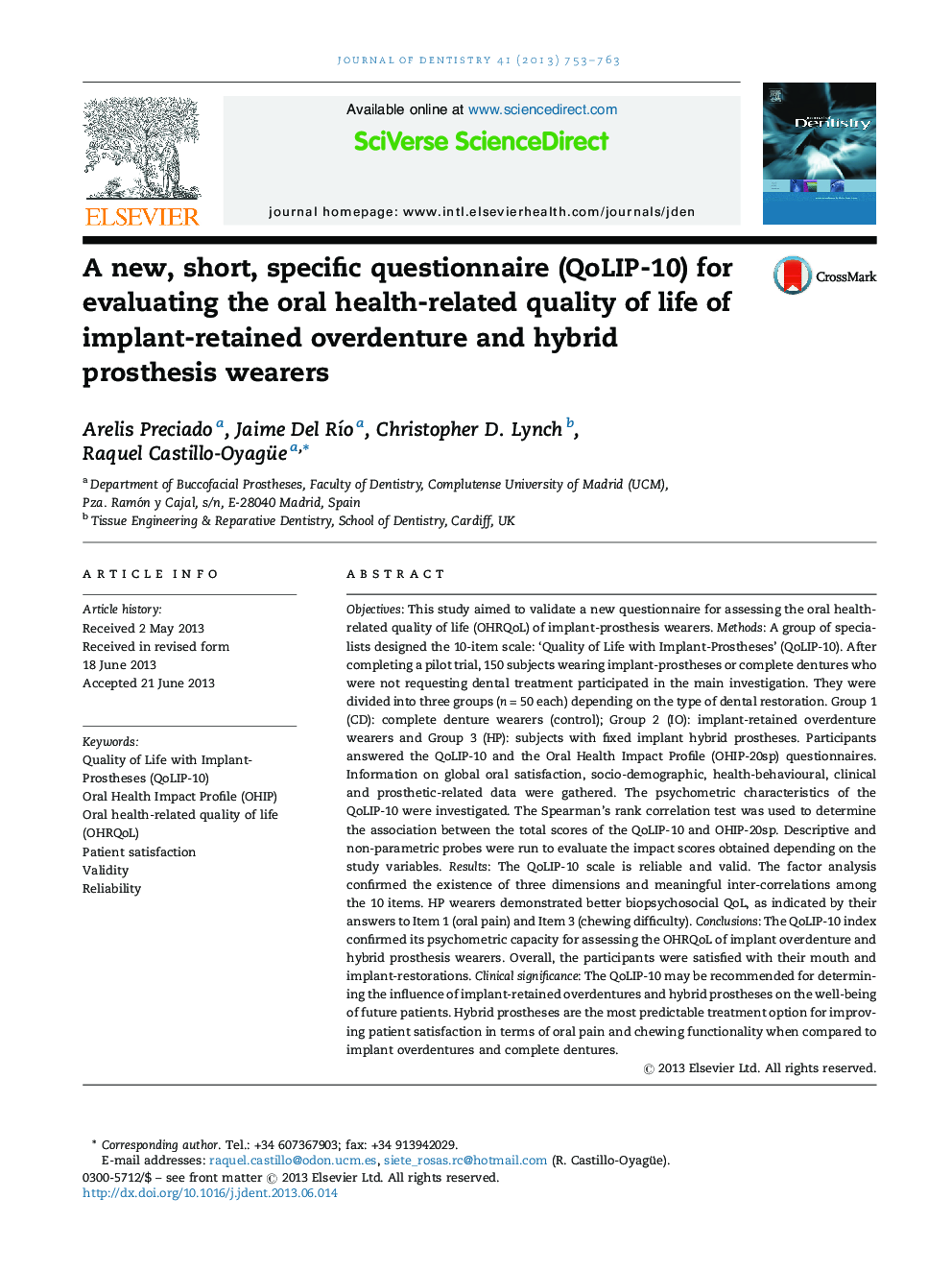 A new, short, specific questionnaire (QoLIP-10) for evaluating the oral health-related quality of life of implant-retained overdenture and hybrid prosthesis wearers