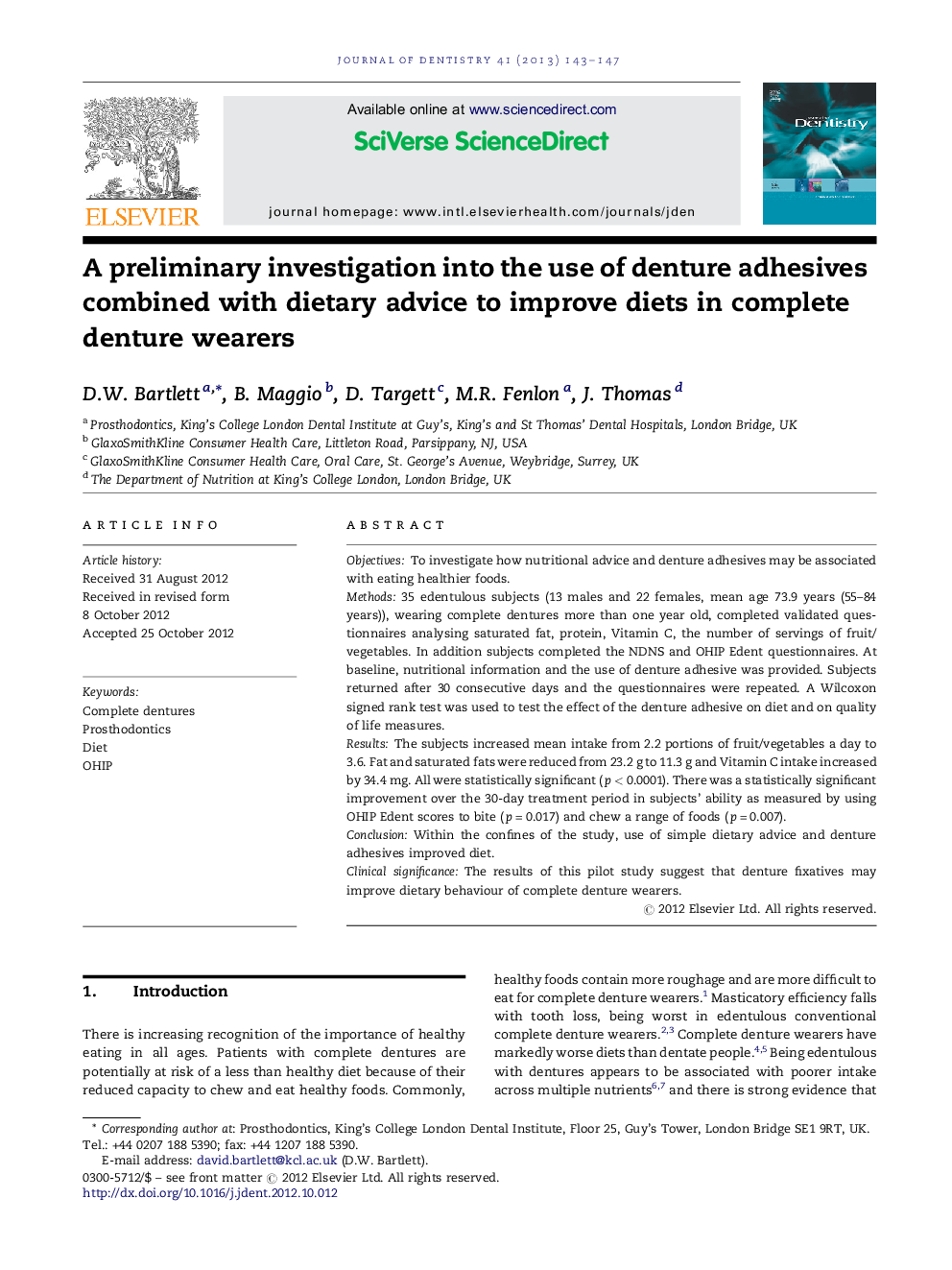 A preliminary investigation into the use of denture adhesives combined with dietary advice to improve diets in complete denture wearers