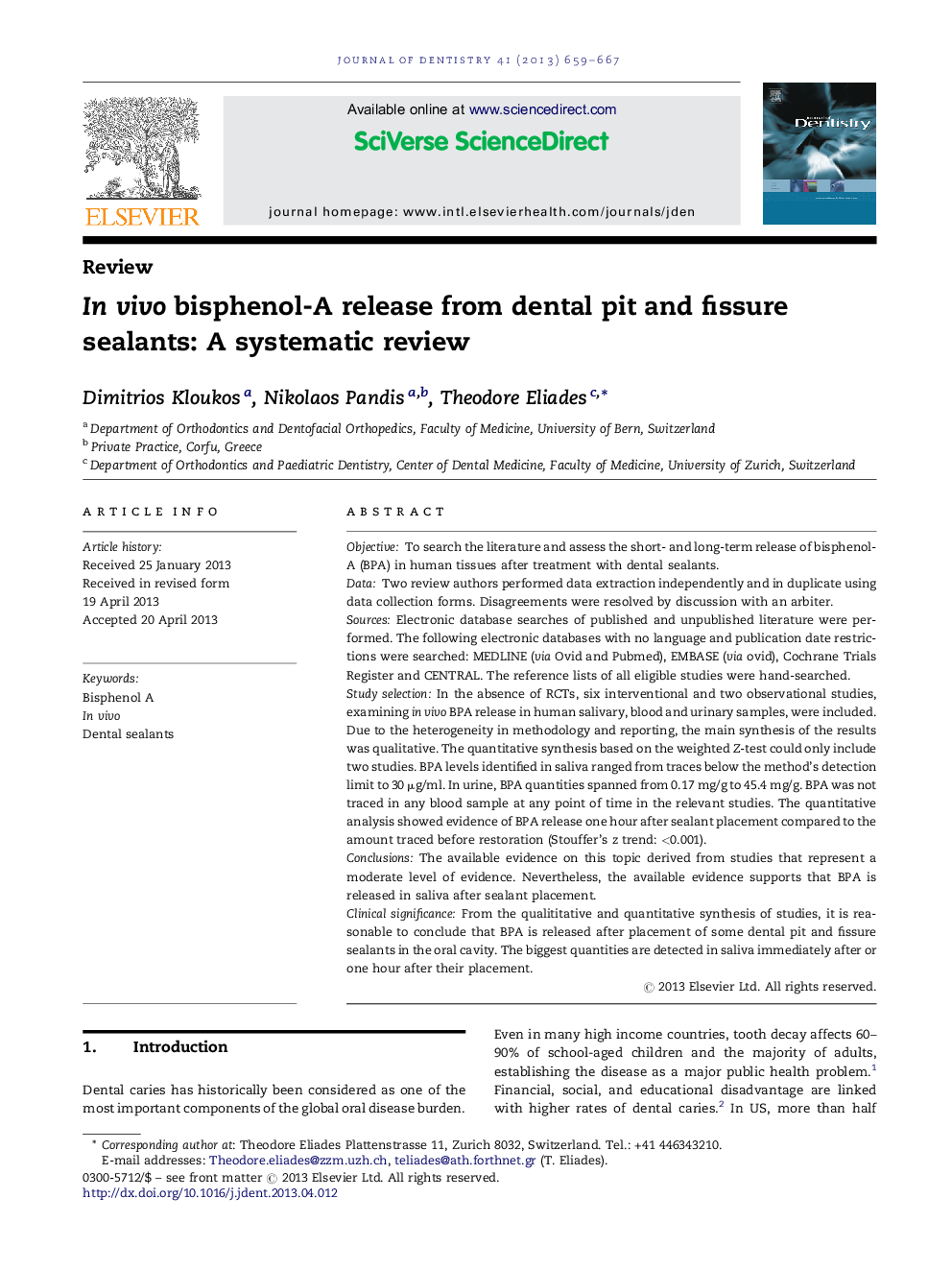 In vivo bisphenol-A release from dental pit and fissure sealants: A systematic review