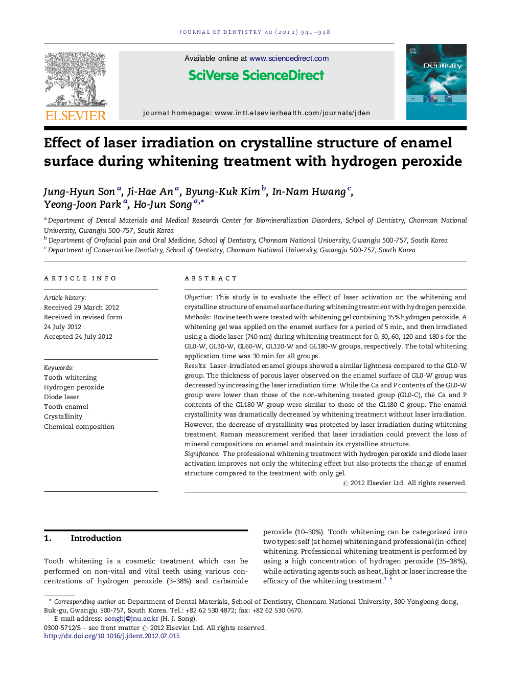 Effect of laser irradiation on crystalline structure of enamel surface during whitening treatment with hydrogen peroxide