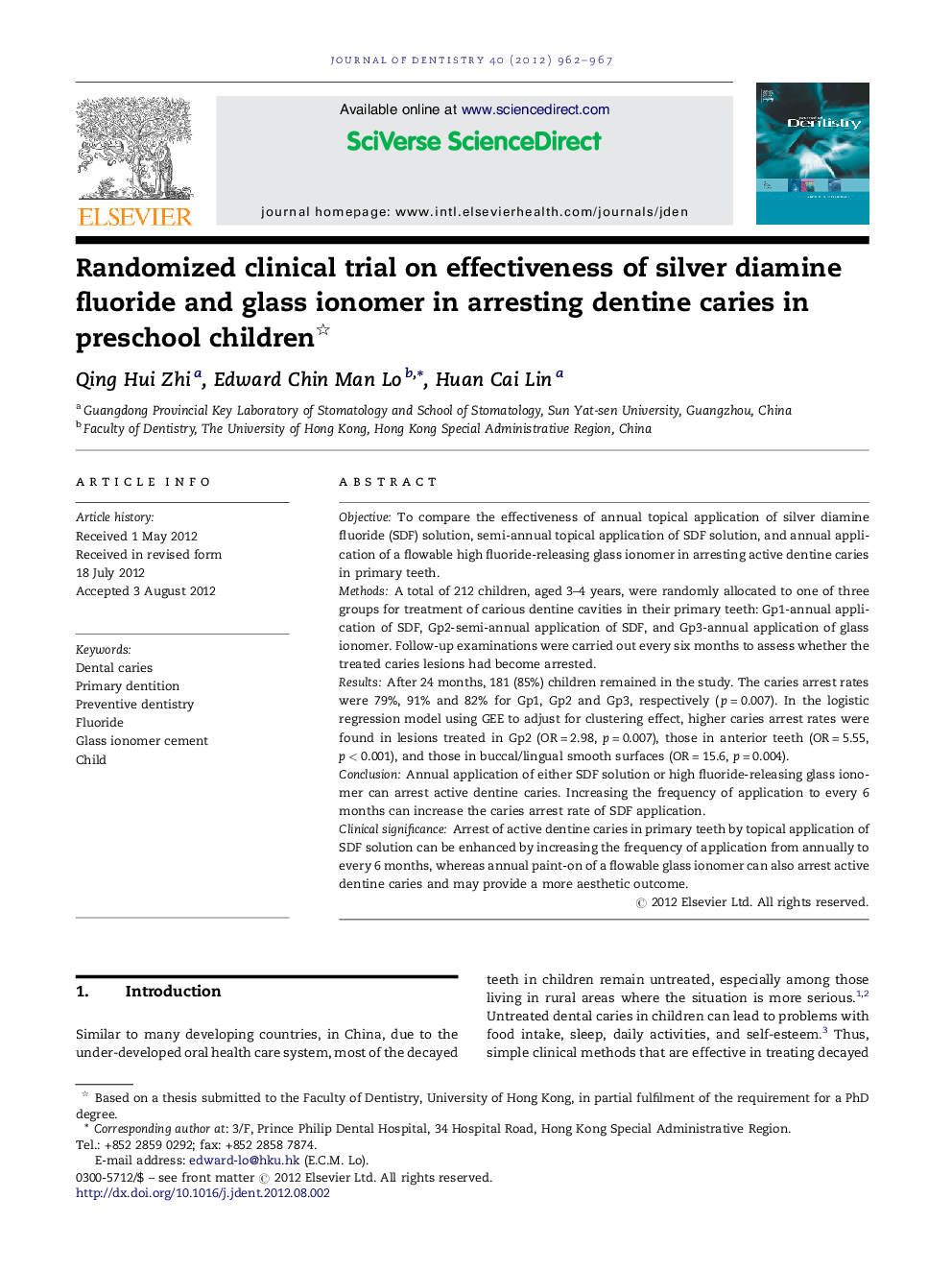 Randomized clinical trial on effectiveness of silver diamine fluoride and glass ionomer in arresting dentine caries in preschool children