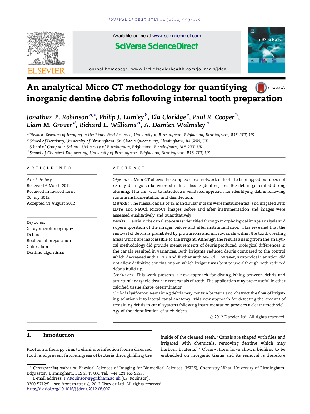 An analytical Micro CT methodology for quantifying inorganic dentine debris following internal tooth preparation