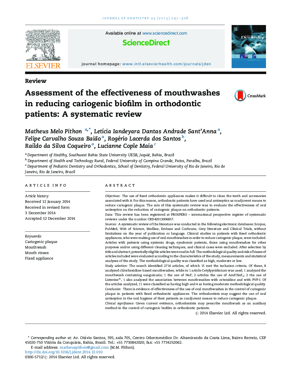 Assessment of the effectiveness of mouthwashes in reducing cariogenic biofilm in orthodontic patients: A systematic review