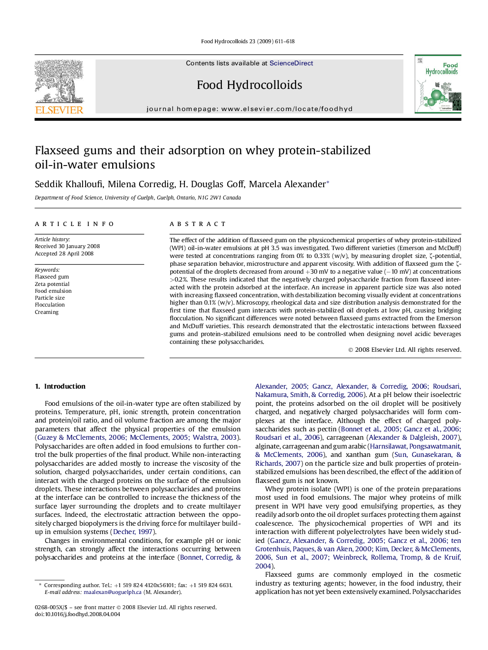 Flaxseed gums and their adsorption on whey protein-stabilized oil-in-water emulsions