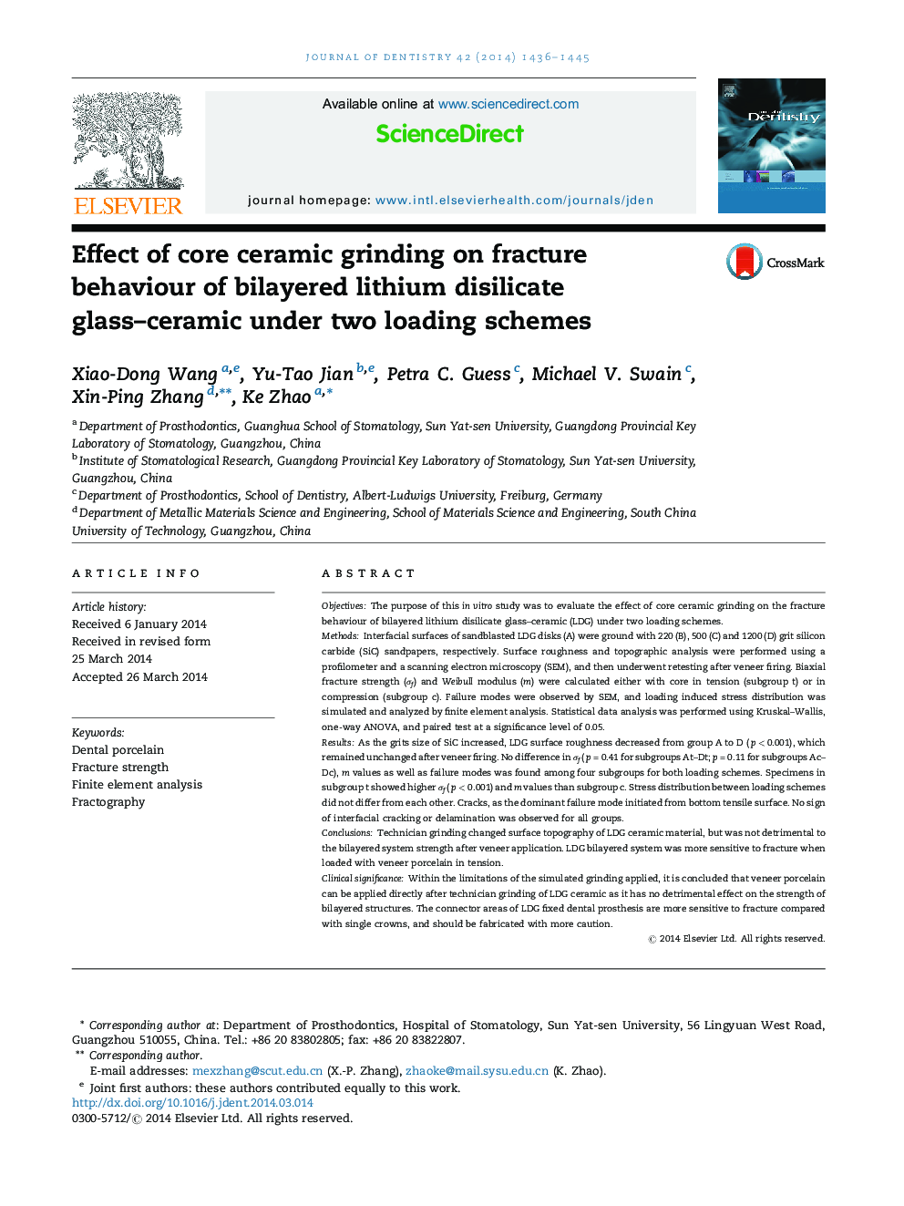 Effect of core ceramic grinding on fracture behaviour of bilayered lithium disilicate glass-ceramic under two loading schemes