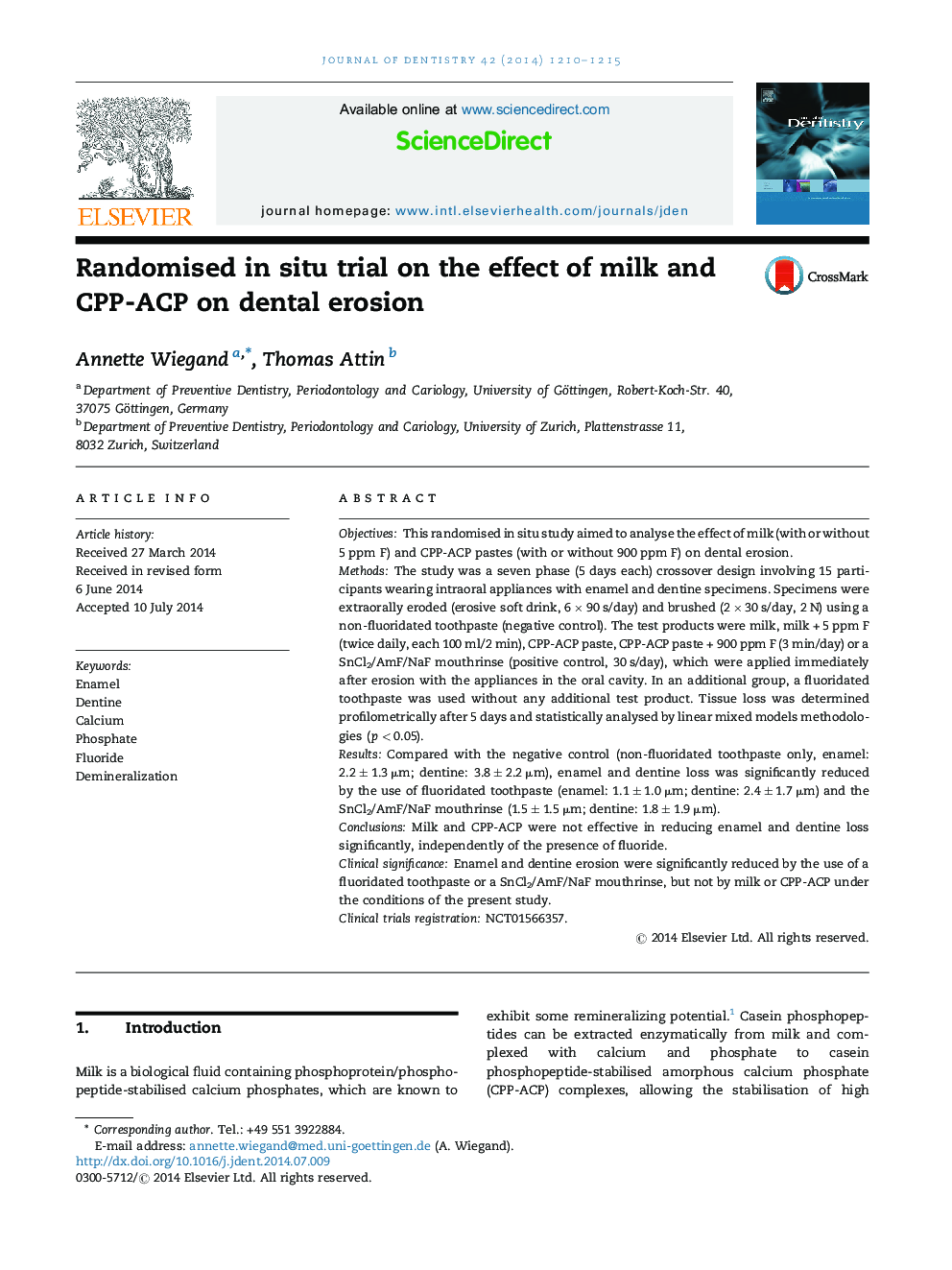 Randomised in situ trial on the effect of milk and CPP-ACP on dental erosion