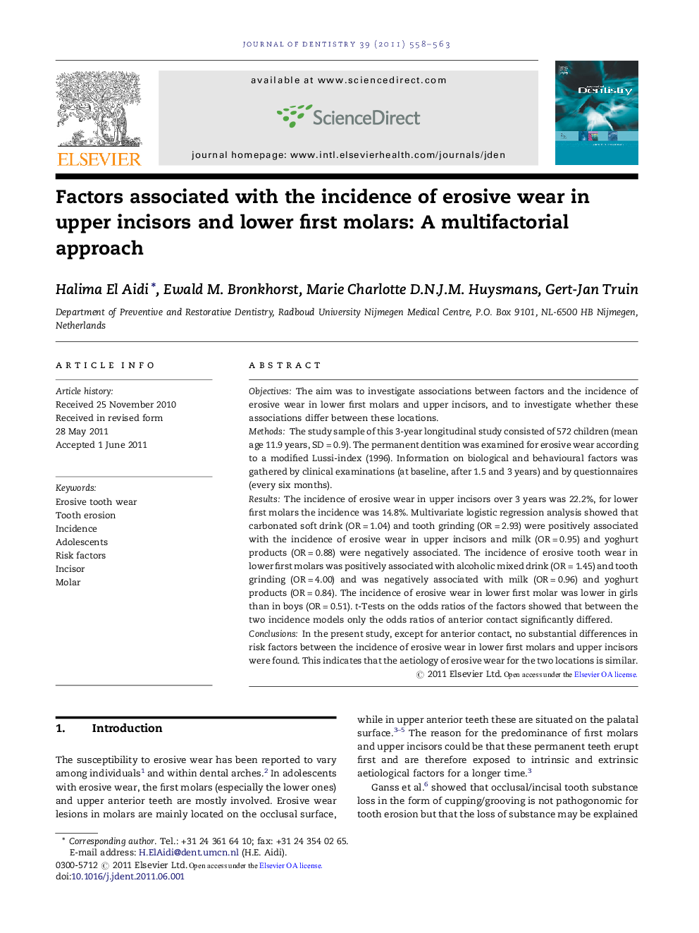 Factors associated with the incidence of erosive wear in upper incisors and lower first molars: A multifactorial approach