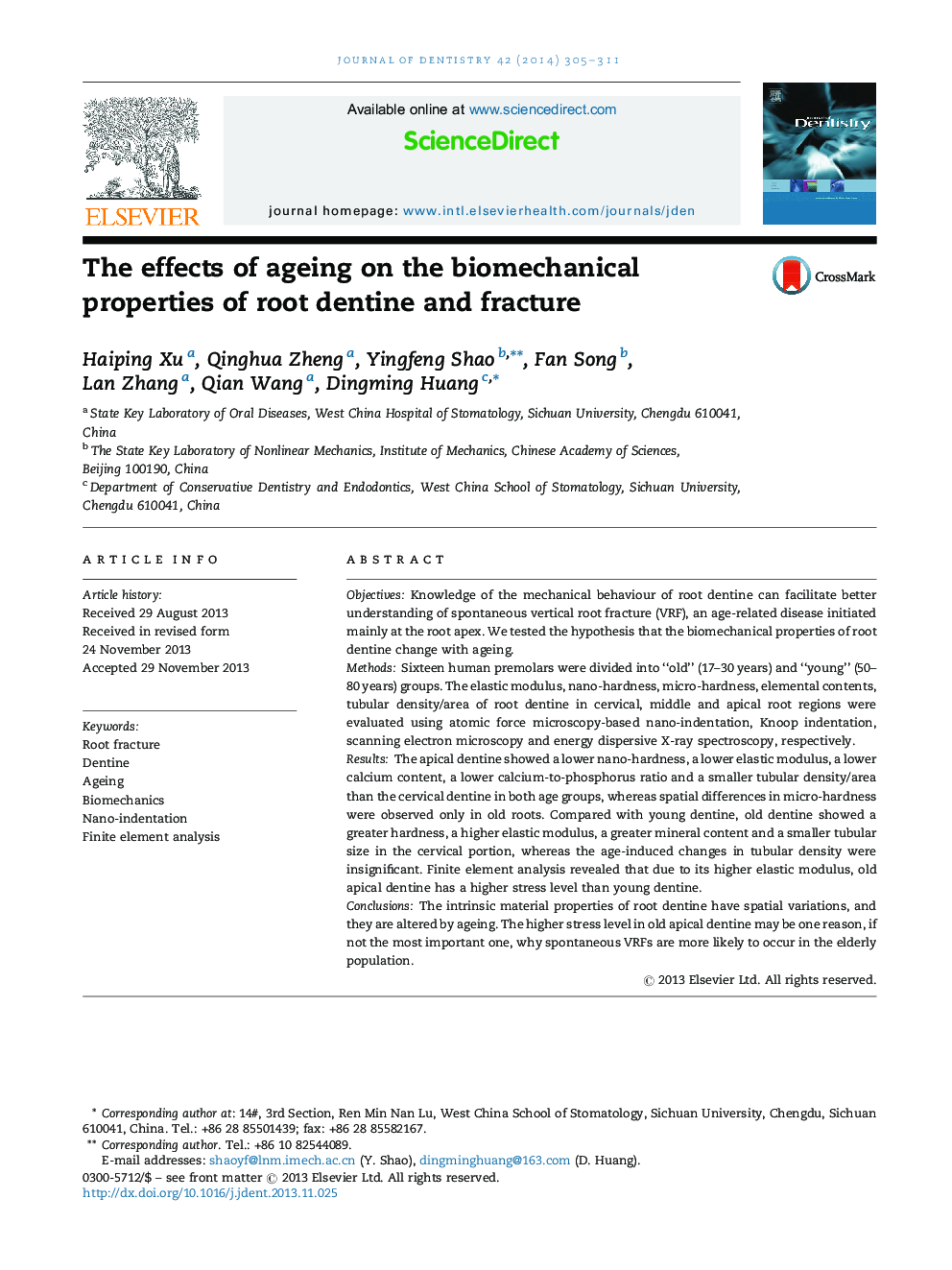 The effects of ageing on the biomechanical properties of root dentine and fracture