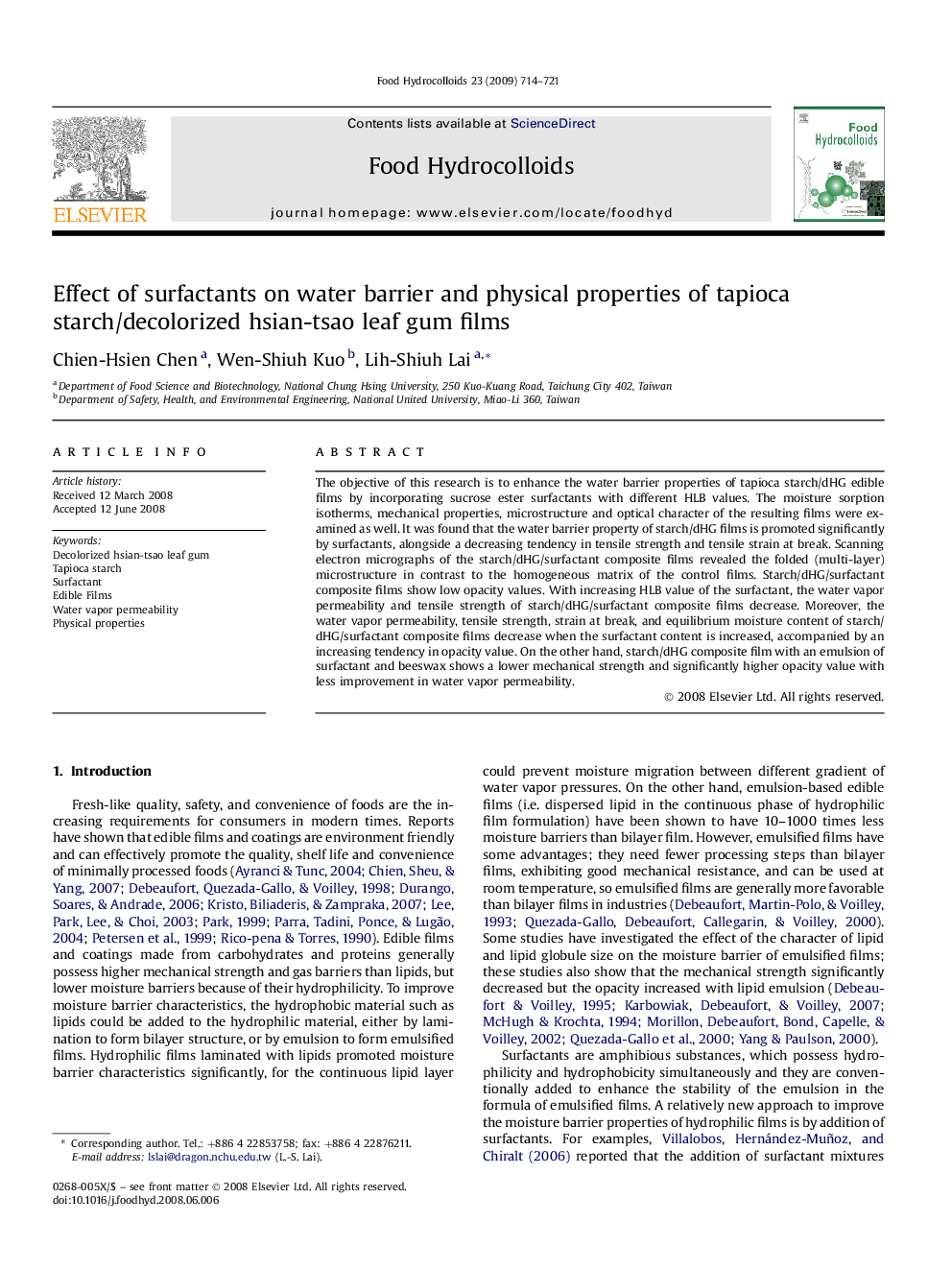 Effect of surfactants on water barrier and physical properties of tapioca starch/decolorized hsian-tsao leaf gum films