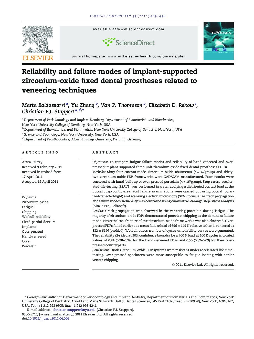 Reliability and failure modes of implant-supported zirconium-oxide fixed dental prostheses related to veneering techniques