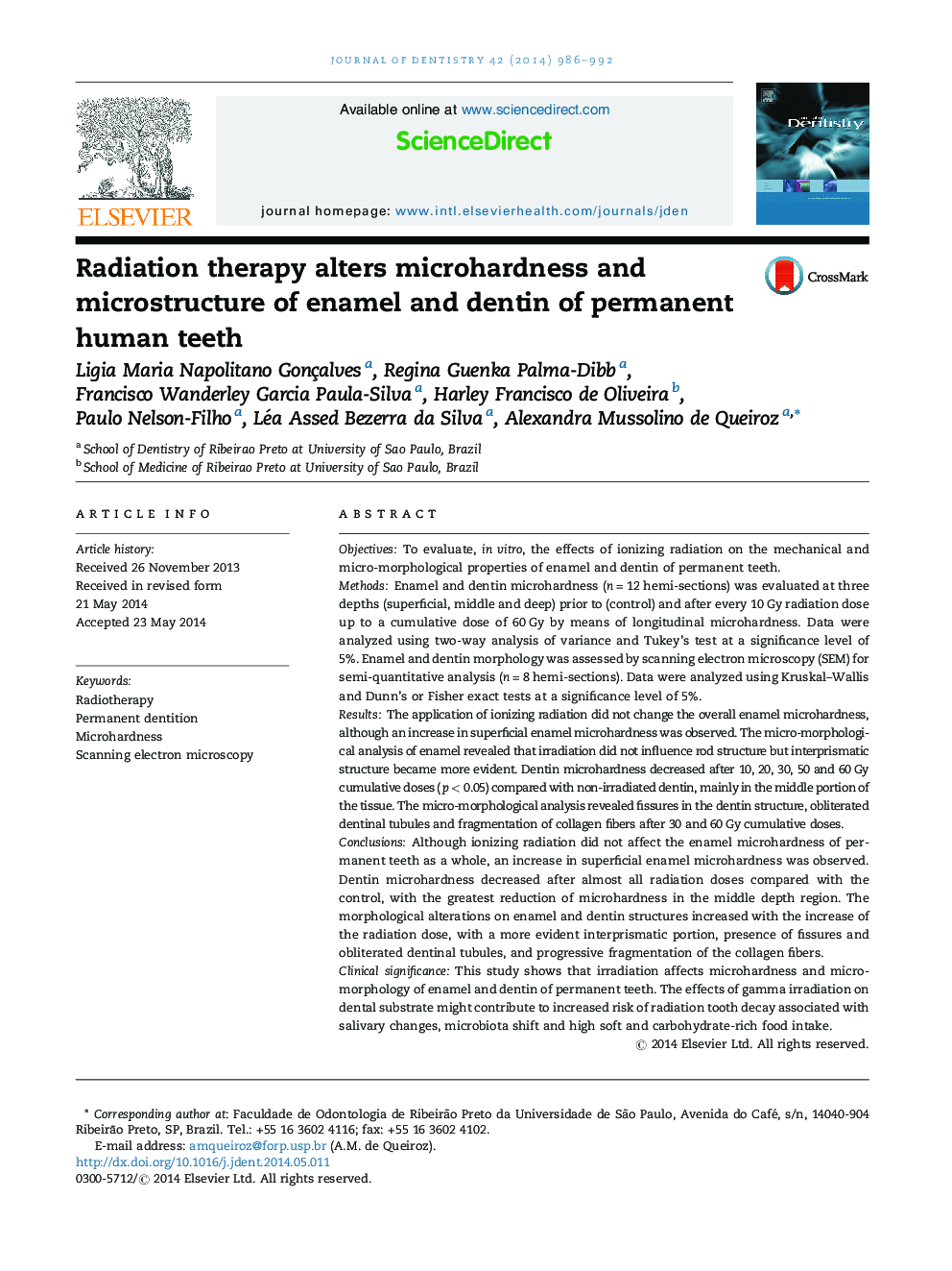 Radiation therapy alters microhardness and microstructure of enamel and dentin of permanent human teeth