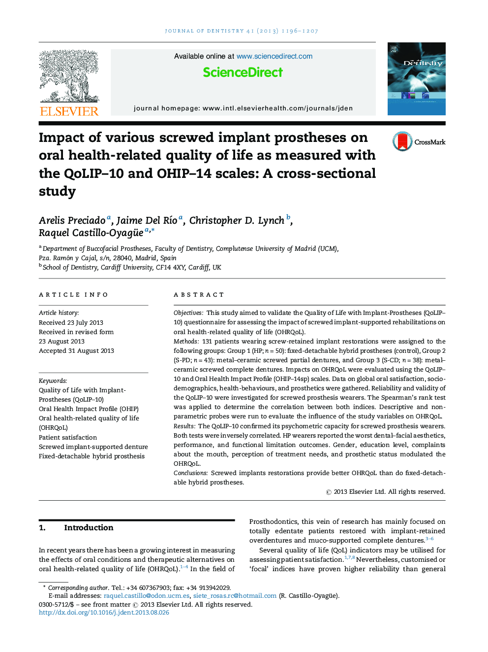 عکس صفحه اول مقاله: Impact of various screwed implant prostheses on oral health-related quality of life as measured with the QoLIP-10 and OHIP-14 scales: A cross-sectional study Impact of various screwed implant prostheses on oral health-related quality of life as measured with the QoLIP-10 and OHIP-14 scales: A cross-sectional study