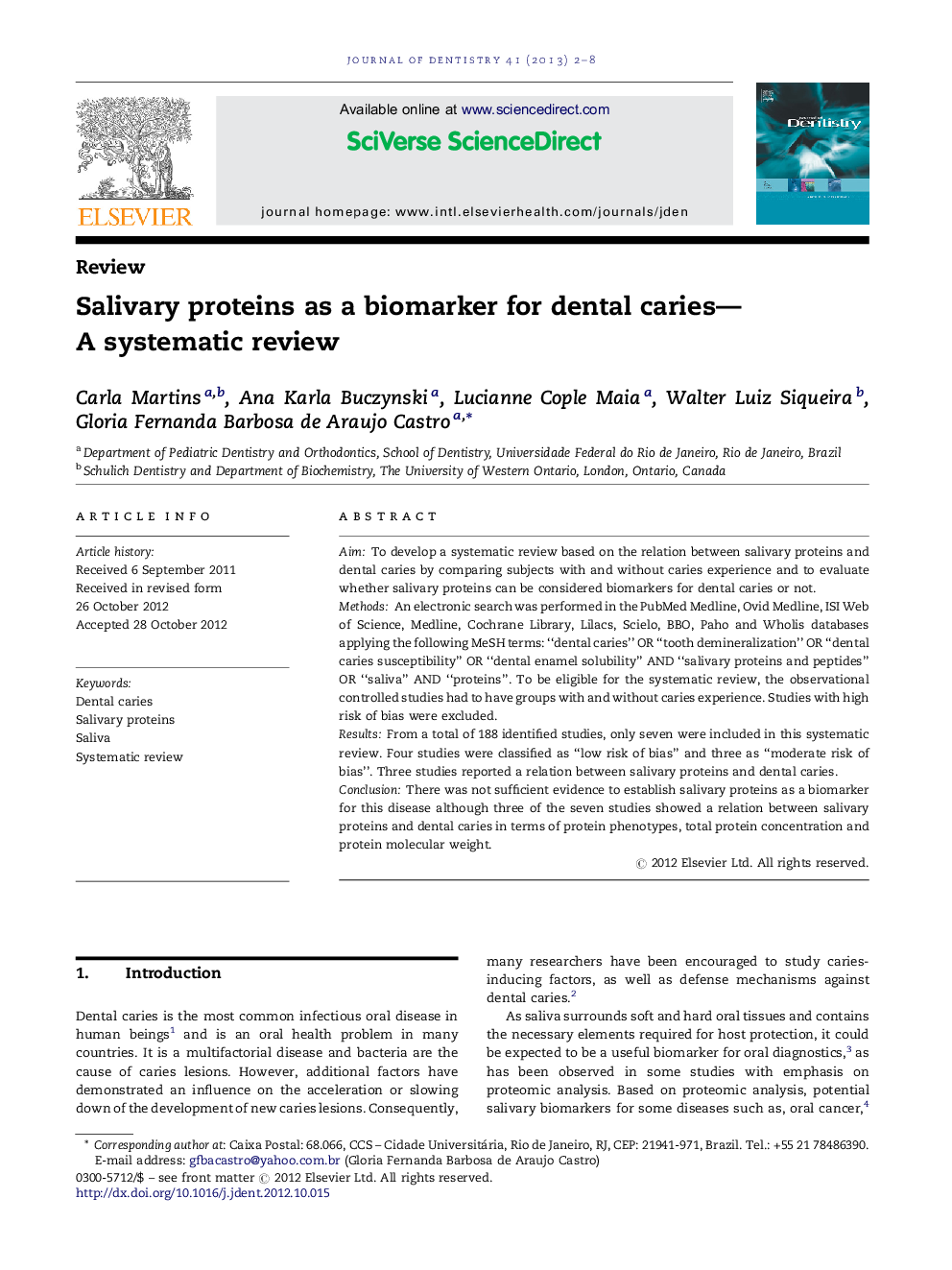 ReviewSalivary proteins as a biomarker for dental caries-A systematic review