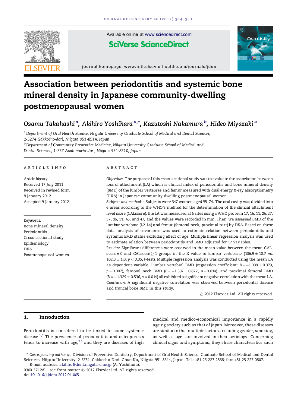 Association between periodontitis and systemic bone mineral density in Japanese community-dwelling postmenopausal women