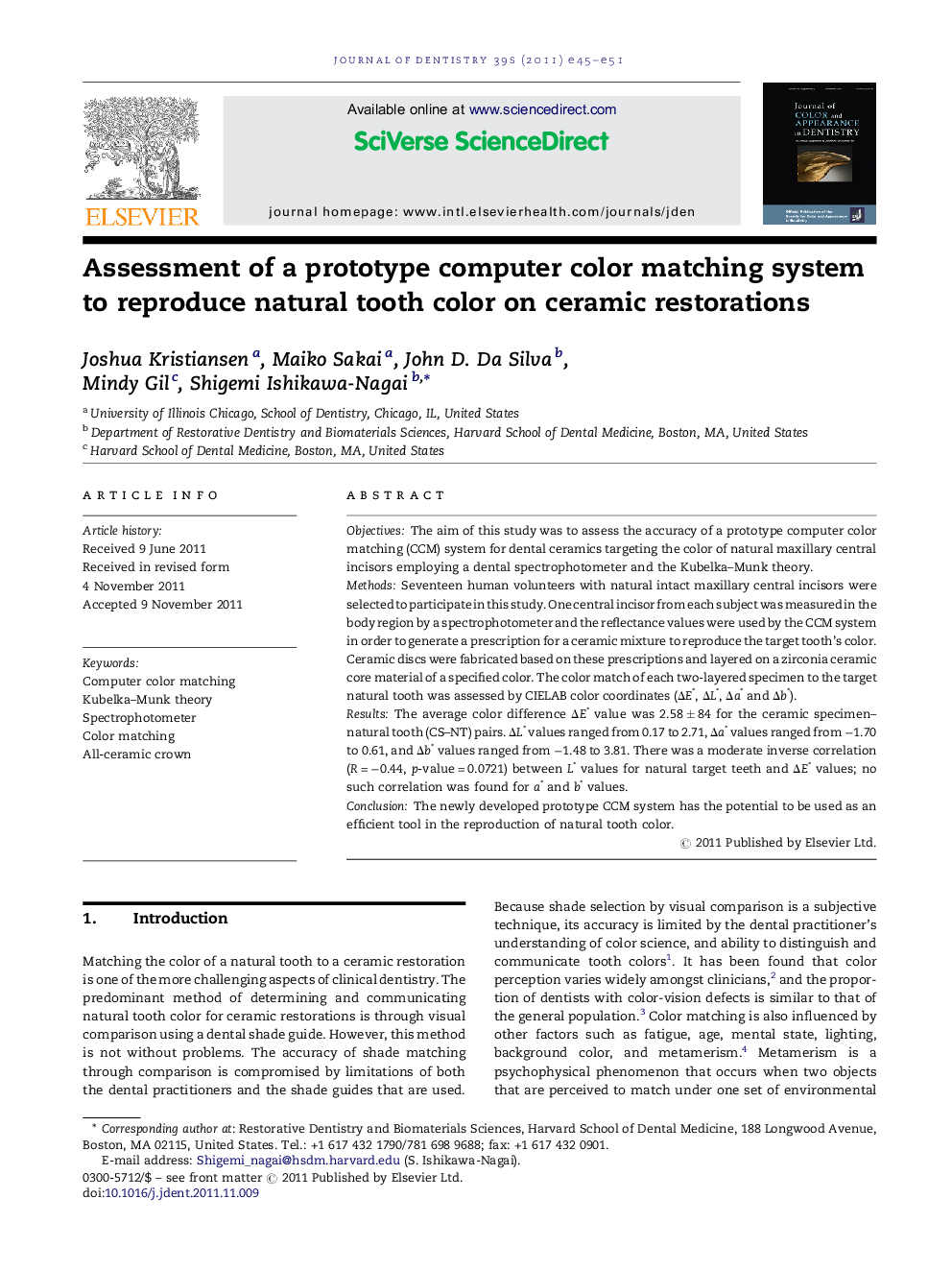 Assessment of a prototype computer colour matching system to reproduce natural tooth colour on ceramic restorations