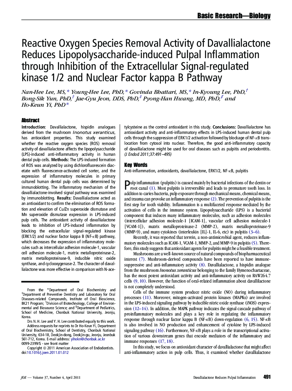 Reactive Oxygen Species Removal Activity of Davallialactone Reduces Lipopolysaccharide-induced Pulpal Inflammation through Inhibition of the Extracellular Signal-regulated kinase 1/2 and Nuclear Factor kappa B Pathway