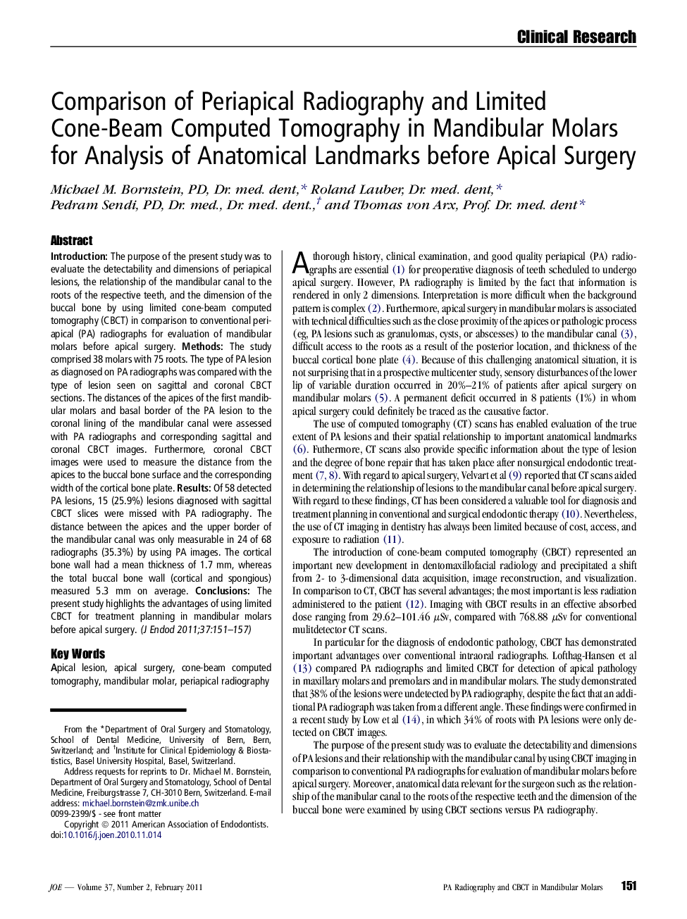 Comparison of Periapical Radiography and Limited Cone-Beam Computed Tomography in Mandibular Molars for Analysis of Anatomical Landmarks before Apical Surgery