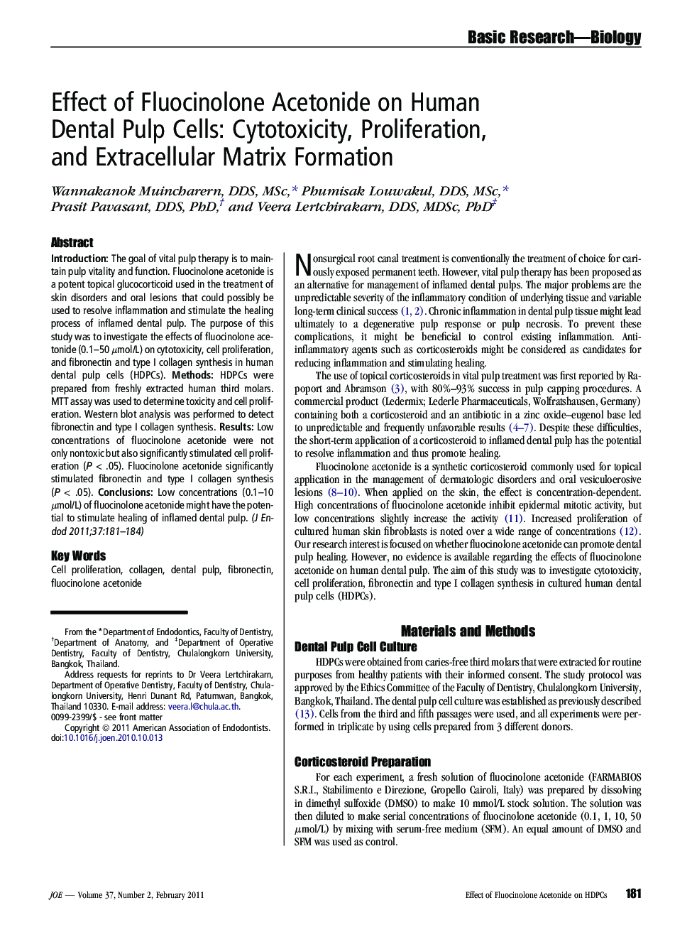 Effect of Fluocinolone Acetonide on Human Dental Pulp Cells: Cytotoxicity, Proliferation, and Extracellular Matrix Formation