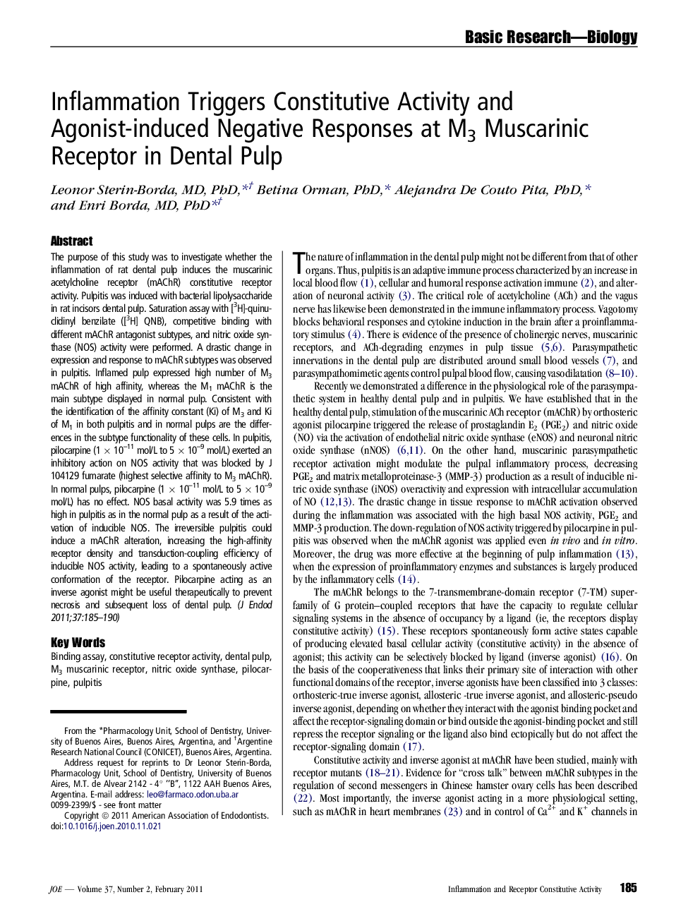 Inflammation Triggers Constitutive Activity and Agonist-induced Negative Responses at M3 Muscarinic Receptor in Dental Pulp