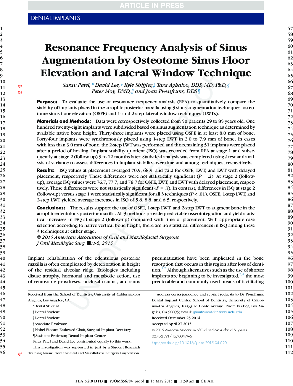 Resonance Frequency Analysis of Sinus Augmentation by Osteotome Sinus Floor Elevation and Lateral Window Technique