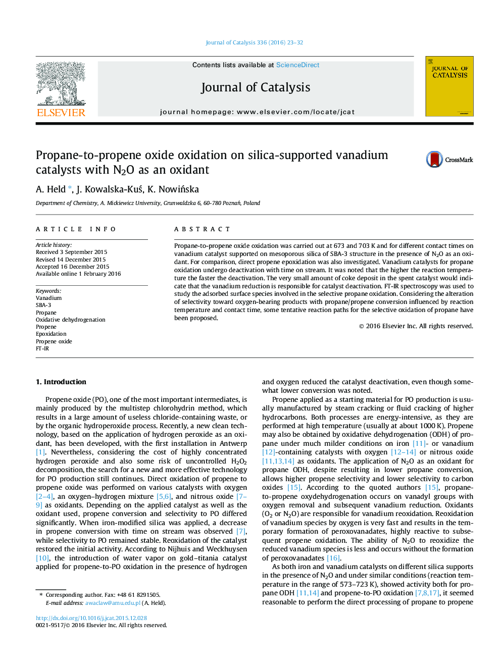 Propane-to-propene oxide oxidation on silica-supported vanadium catalysts with N2O as an oxidant