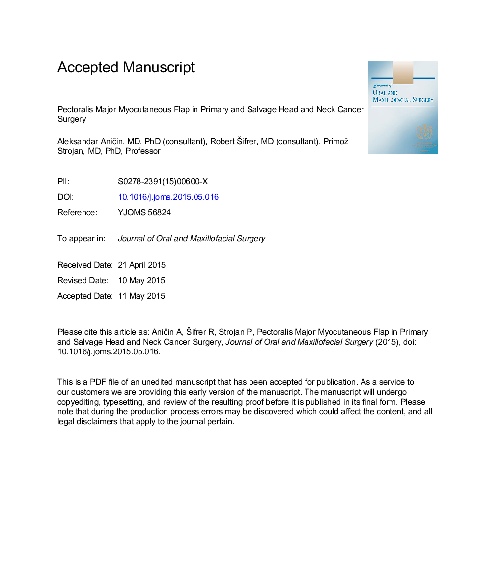 Pectoralis Major Myocutaneous Flap in Primary and Salvage Head and Neck Cancer Surgery