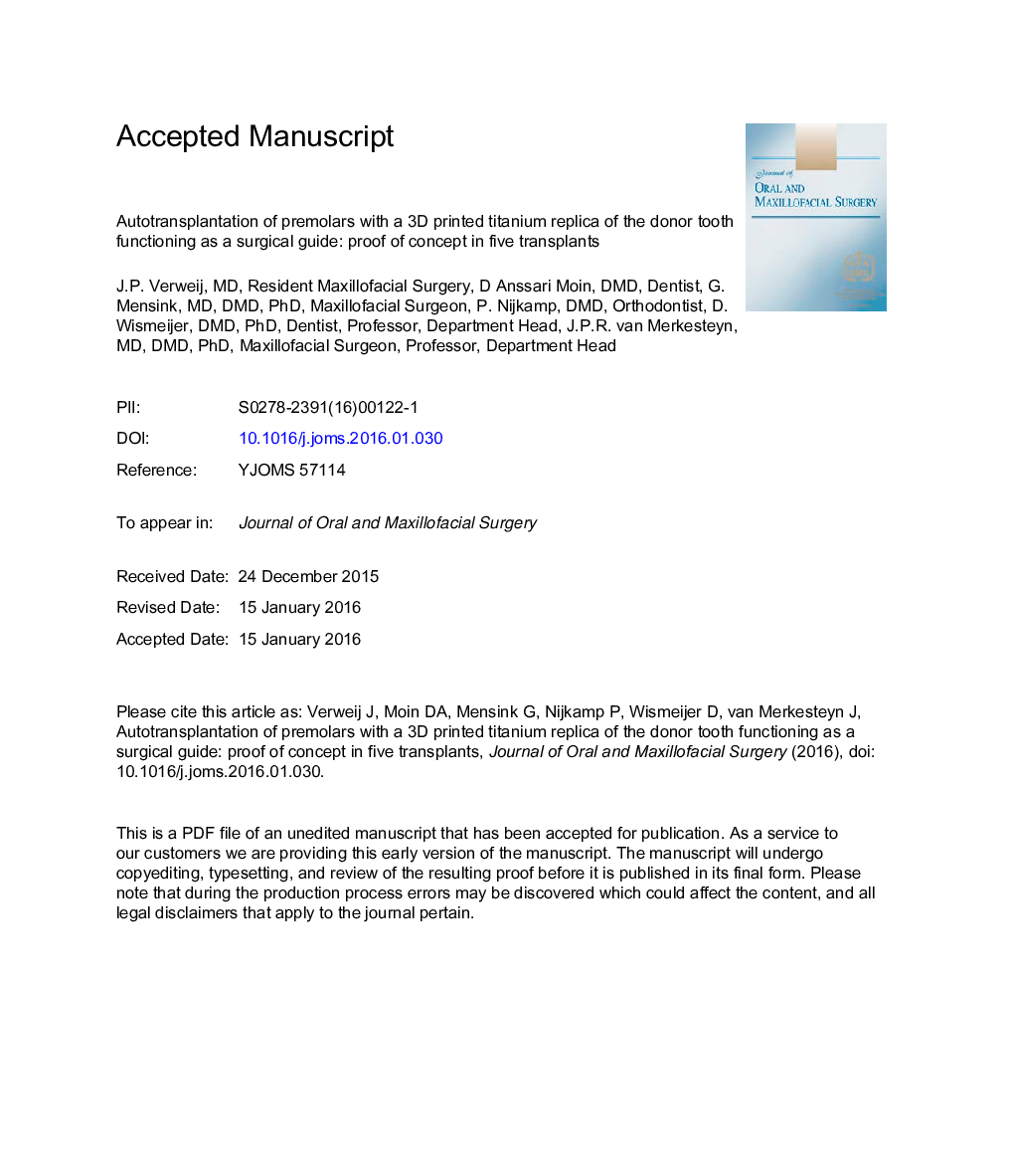 Autotransplantation of Premolars With a 3-Dimensional Printed Titanium Replica of the Donor Tooth Functioning as a Surgical Guide: Proof of Concept