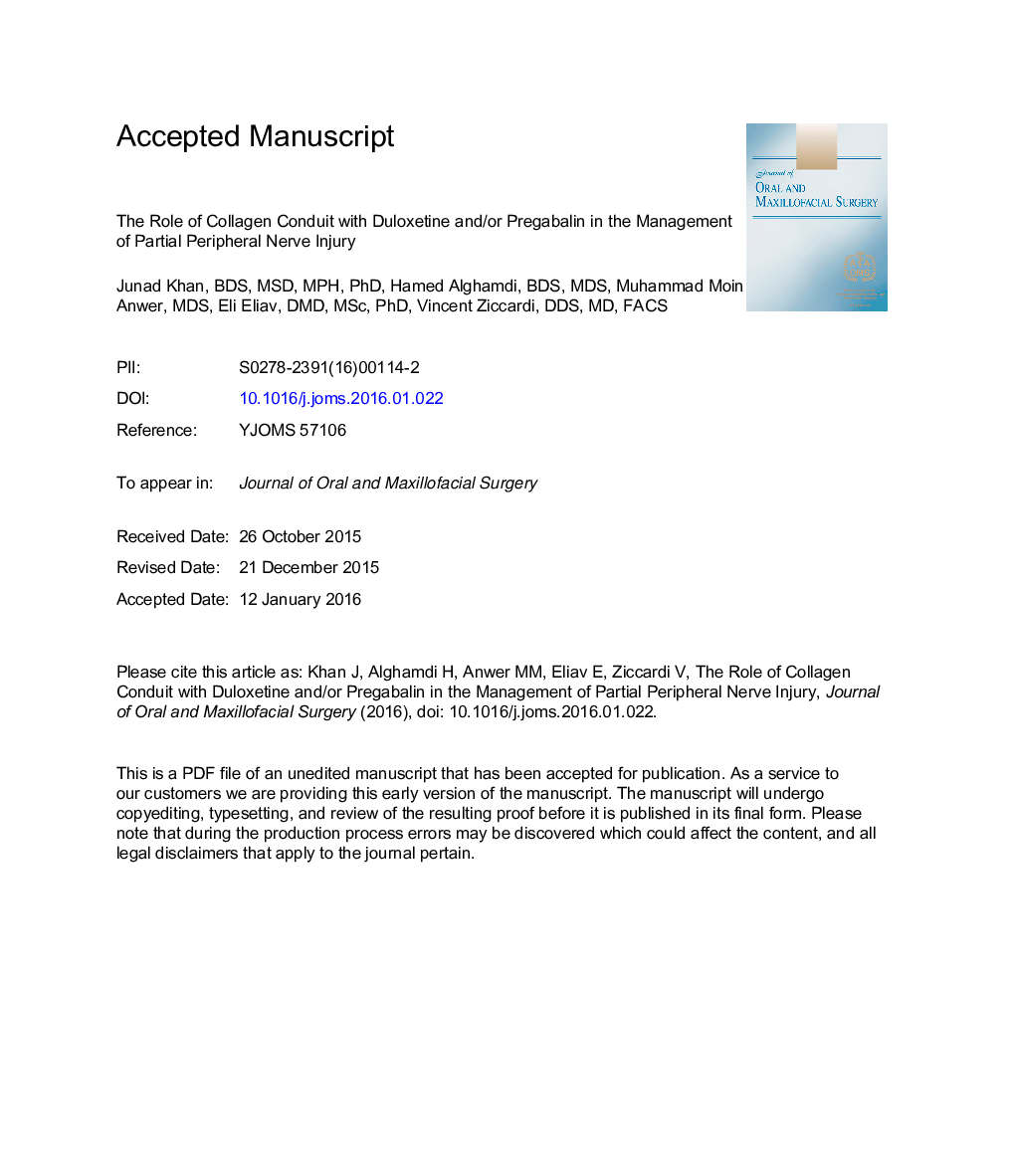 نقش کانال کولاژن با دالوکسیتین و یا پره گابالین در مدیریت آسیب عصبی جزئی محیطی 