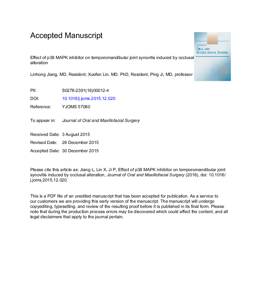 Effect of p38 Mitogen Activated Protein Kinase Inhibitor on Temporomandibular Joint Synovitis Induced by Occlusal Alteration