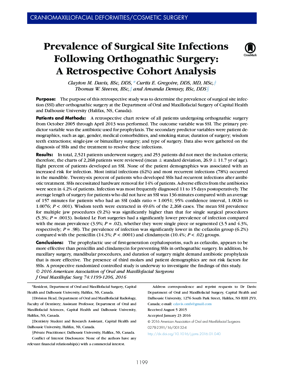 Prevalence of Surgical Site Infections Following Orthognathic Surgery: AÂ Retrospective Cohort Analysis