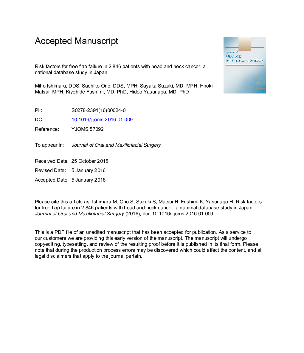 Risk Factors for Free Flap Failure in 2,846 Patients With Head and Neck Cancer: AÂ National Database Study in Japan