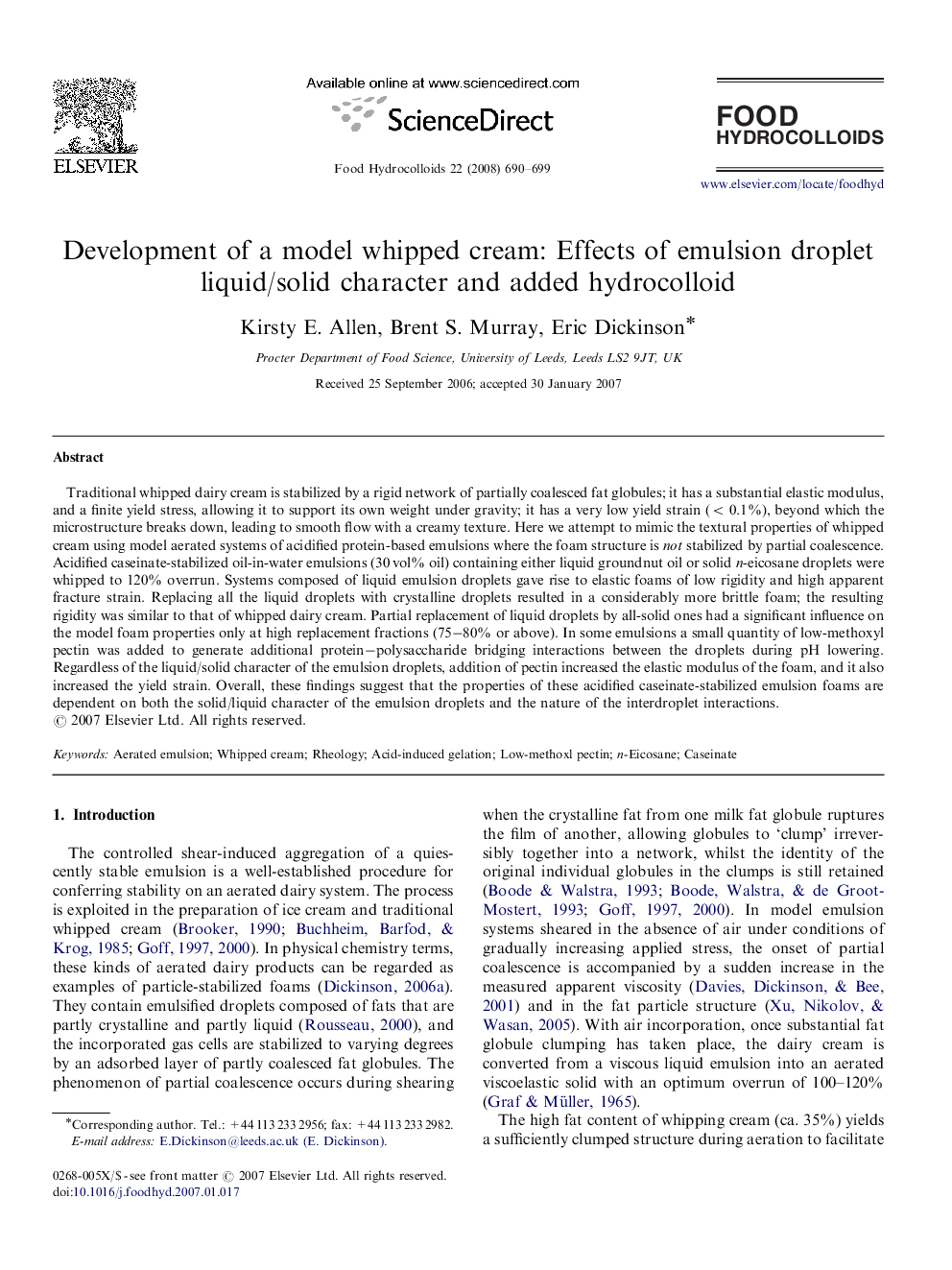 Development of a model whipped cream: Effects of emulsion droplet liquid/solid character and added hydrocolloid