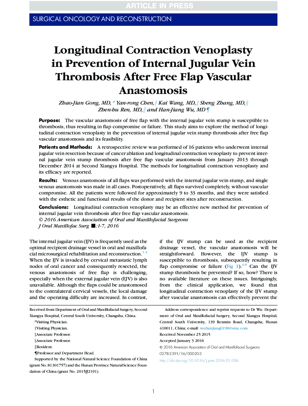 Longitudinal Contraction Venoplasty in Prevention of Internal Jugular Vein Thrombosis After Free Flap Vascular Anastomosis