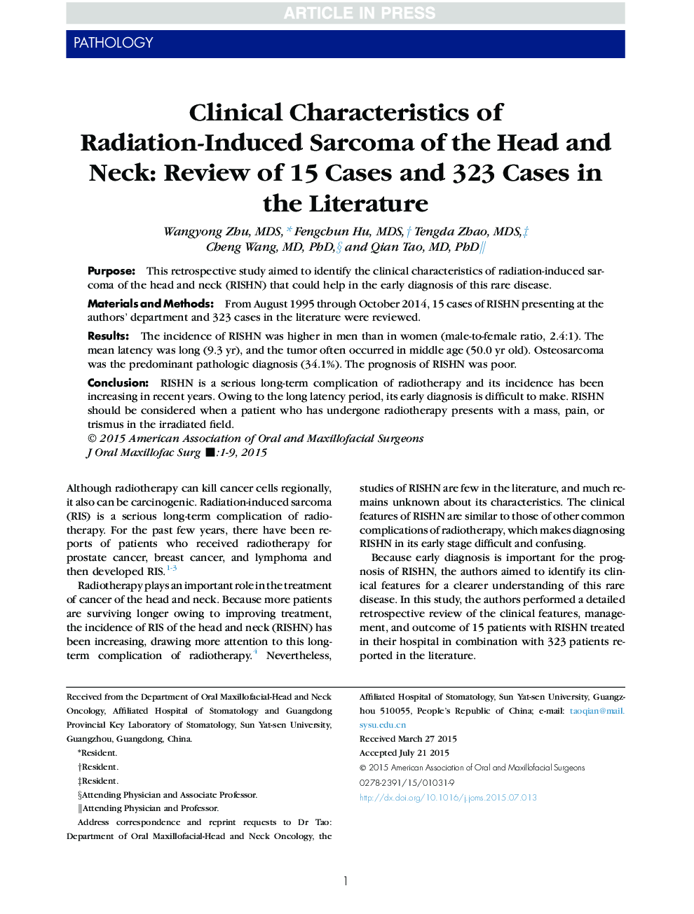 ویژگی های بالینی سارکوم ناشی از رادیواکتیو سر و گردن: بررسی 15 مورد و 323 مورد در ادبیات 