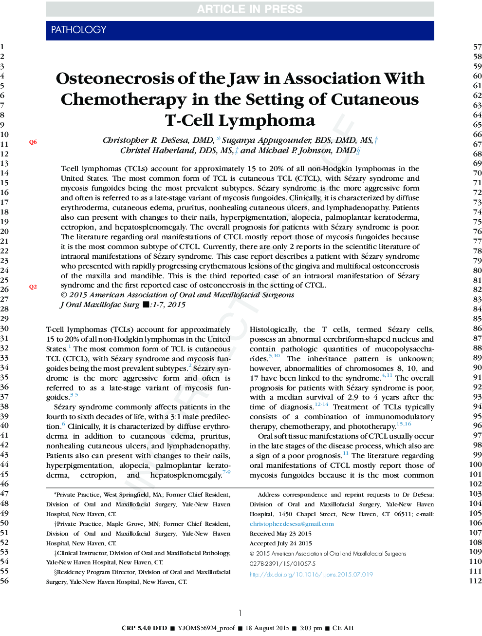 Osteonecrosis of the Jaw in Association With Chemotherapy in the Setting of Cutaneous T-Cell Lymphoma