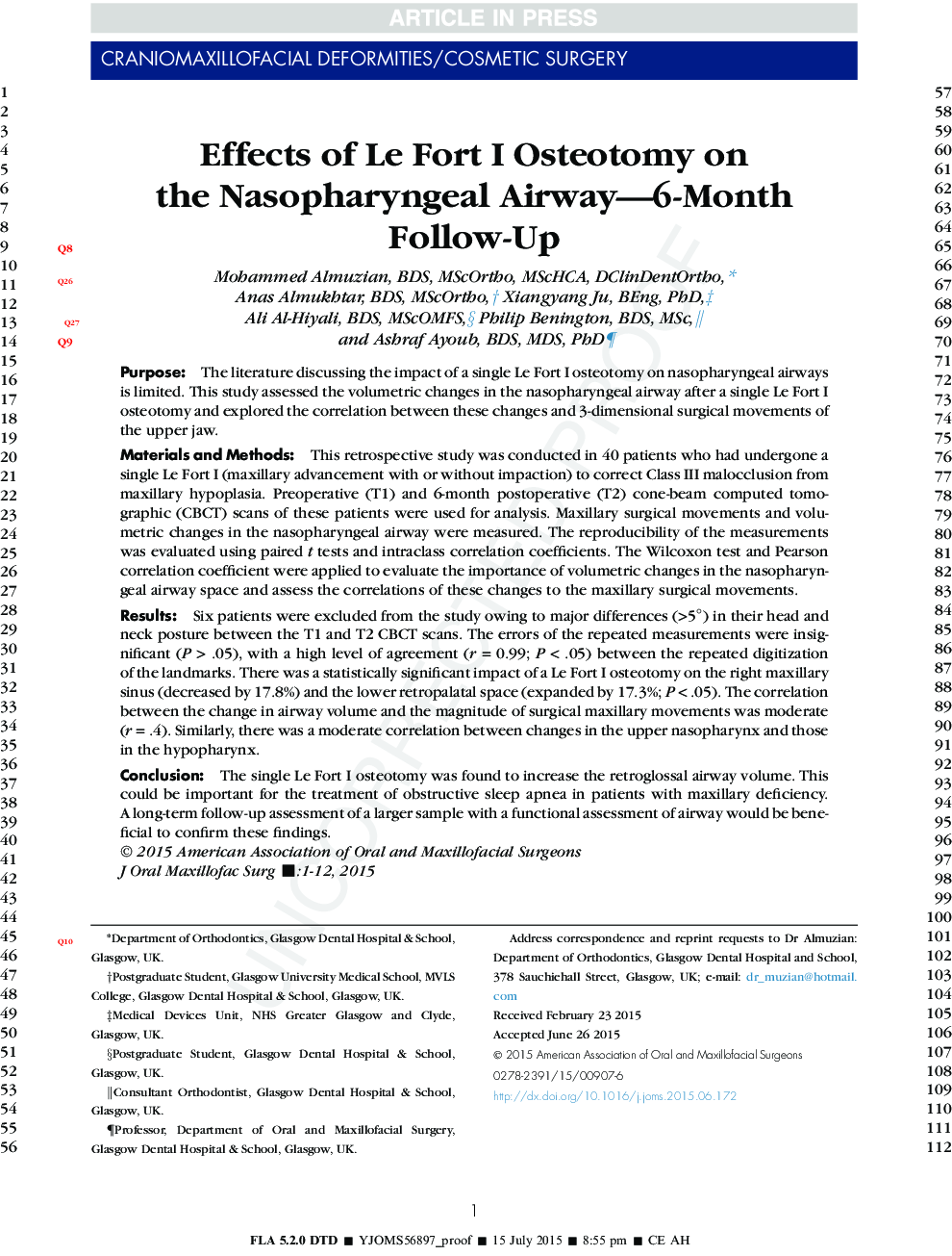 Effects of Le Fort I Osteotomy on theÂ Nasopharyngeal Airway-6-Month Follow-Up