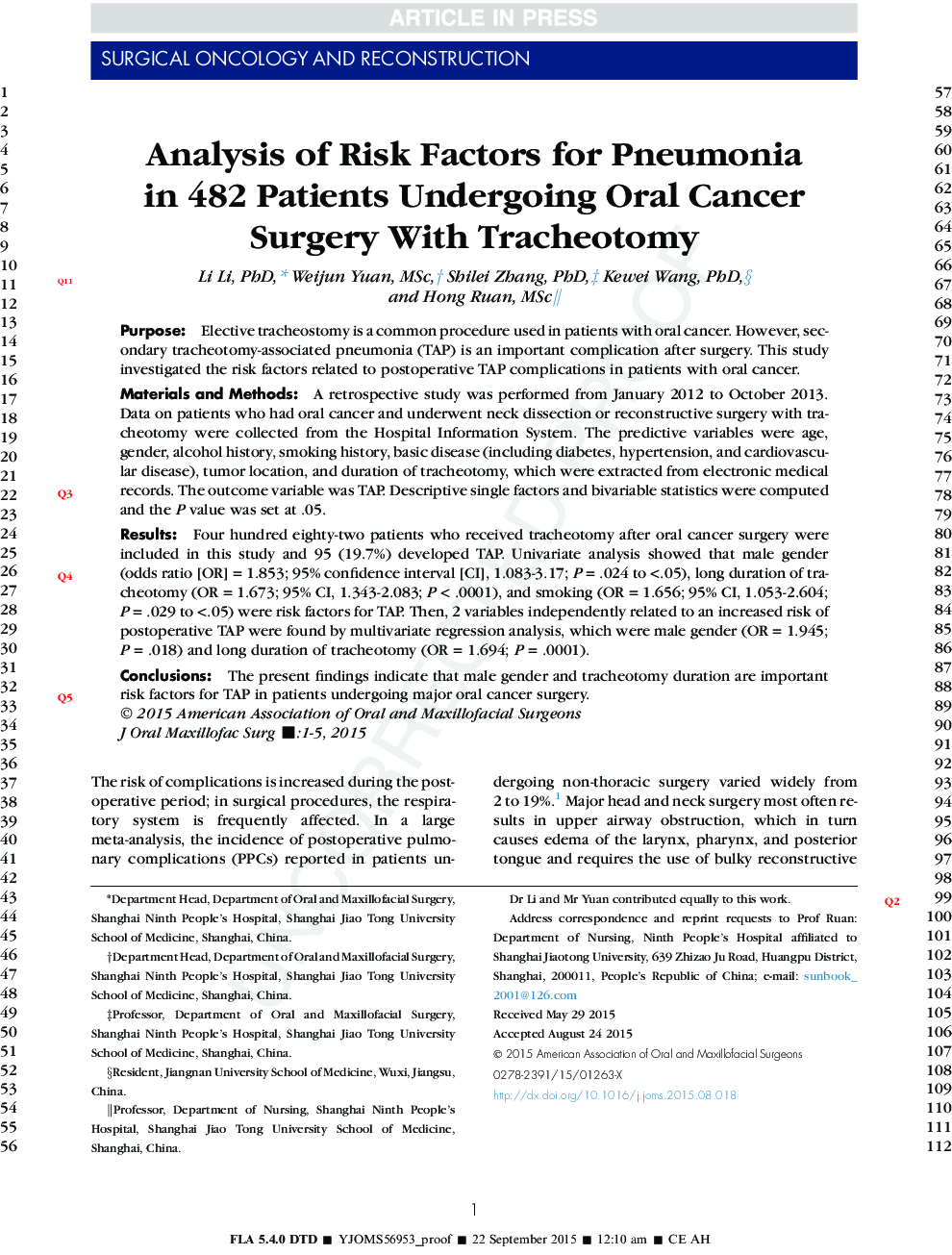 تجزیه و تحلیل عوامل خطر برای پنومونی در 482 بیمار مبتلا به سرطان دهانه رحم با تراکوتومی 