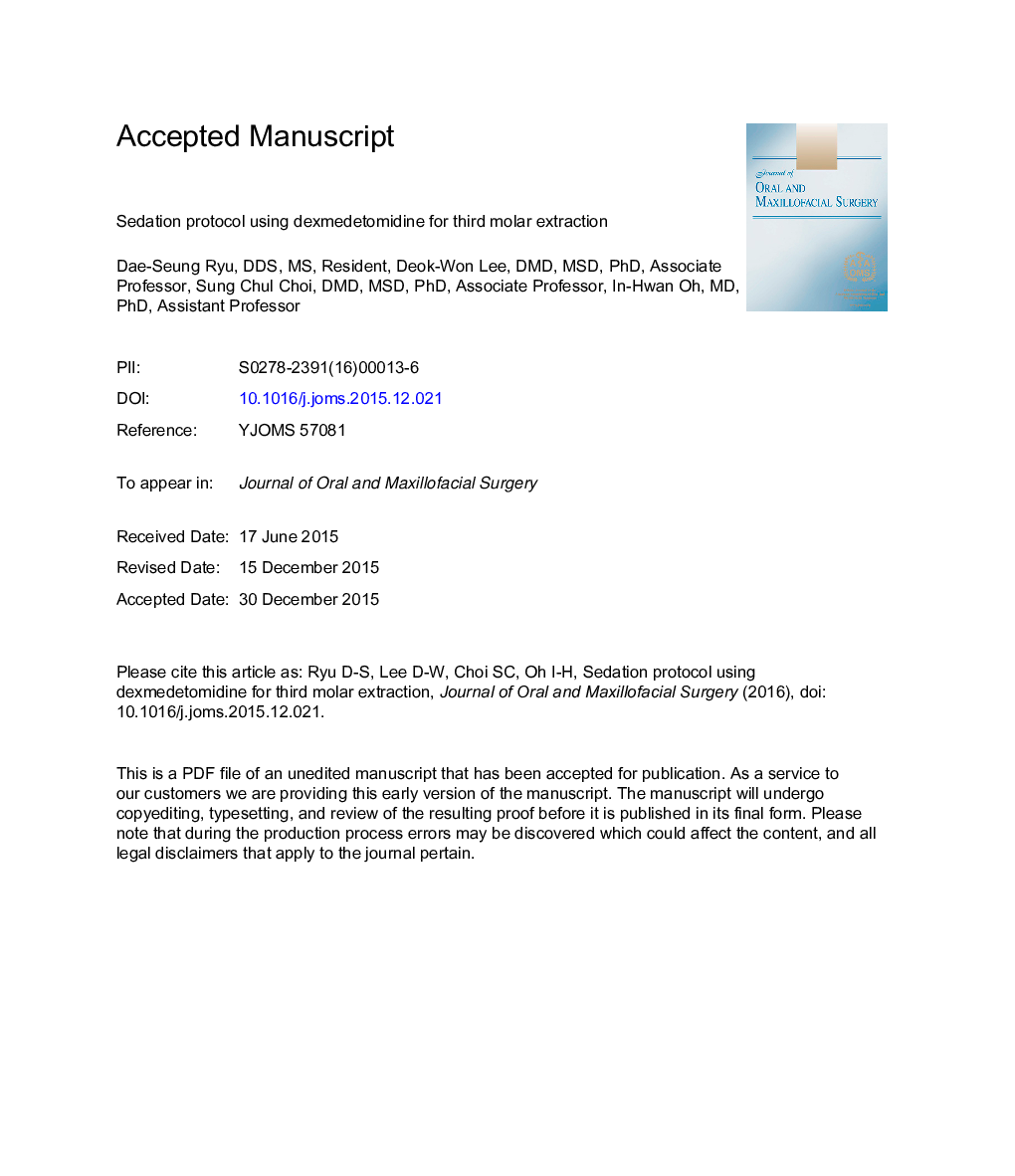 Sedation Protocol Using Dexmedetomidine for Third Molar Extraction