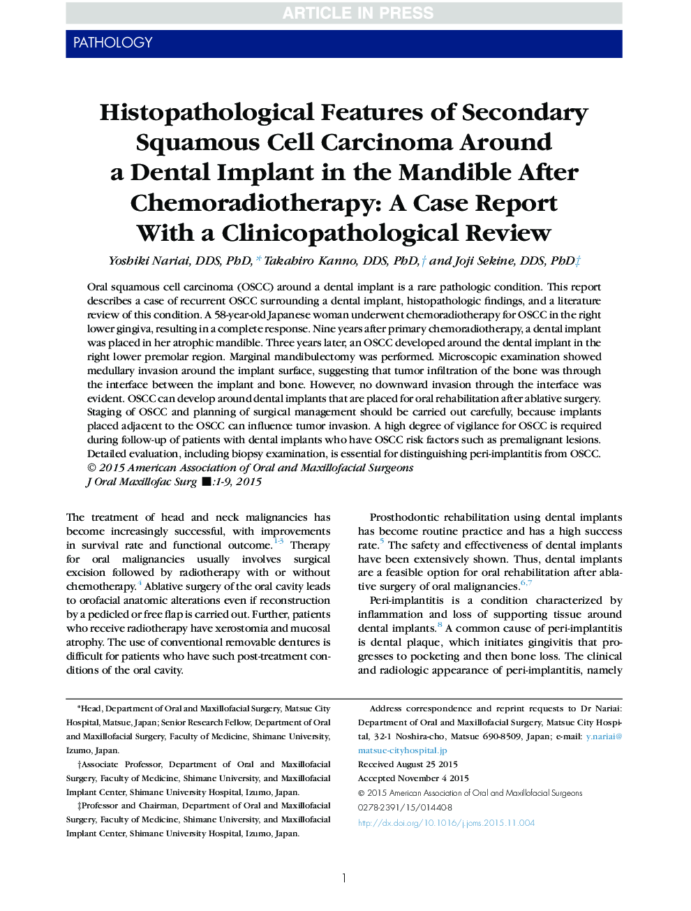 Histopathological Features of Secondary Squamous Cell Carcinoma Around a Dental Implant in the Mandible After Chemoradiotherapy: A Case Report With a Clinicopathological Review