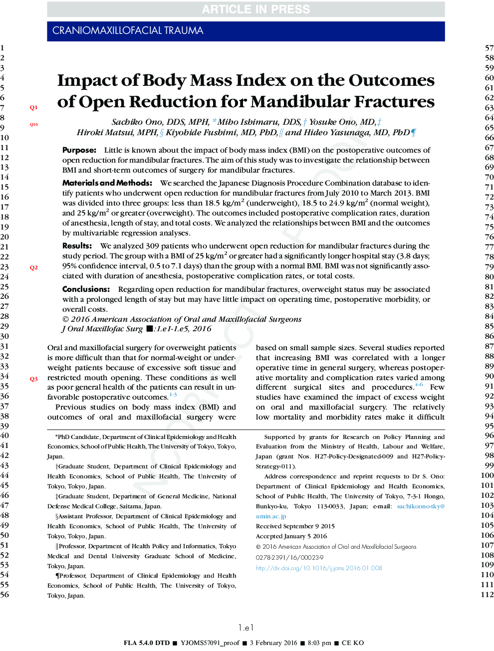 Impact of Body Mass Index on the Outcomes of Open Reduction for Mandibular Fractures