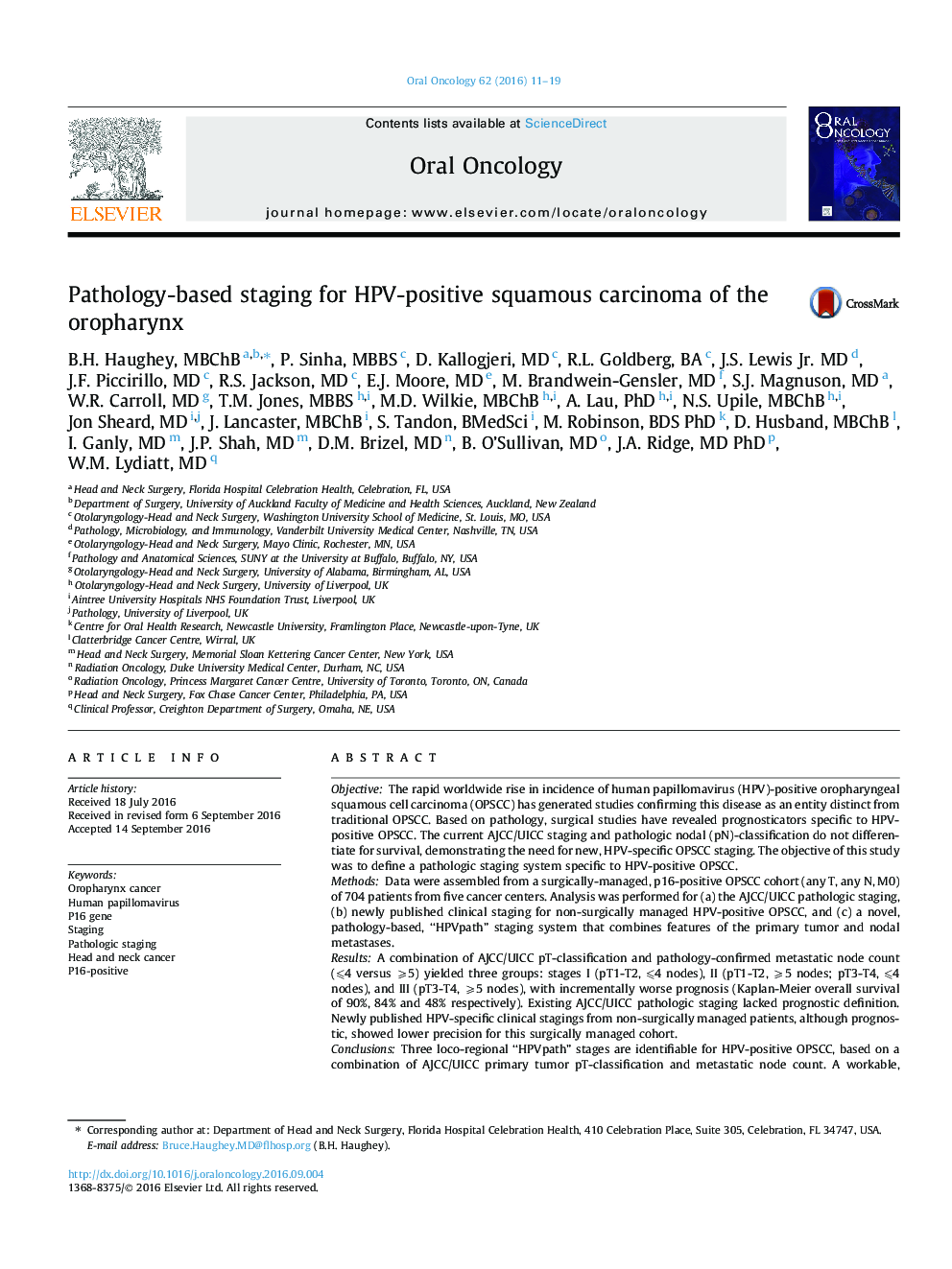 Pathology-based staging for HPV-positive squamous carcinoma of the oropharynx