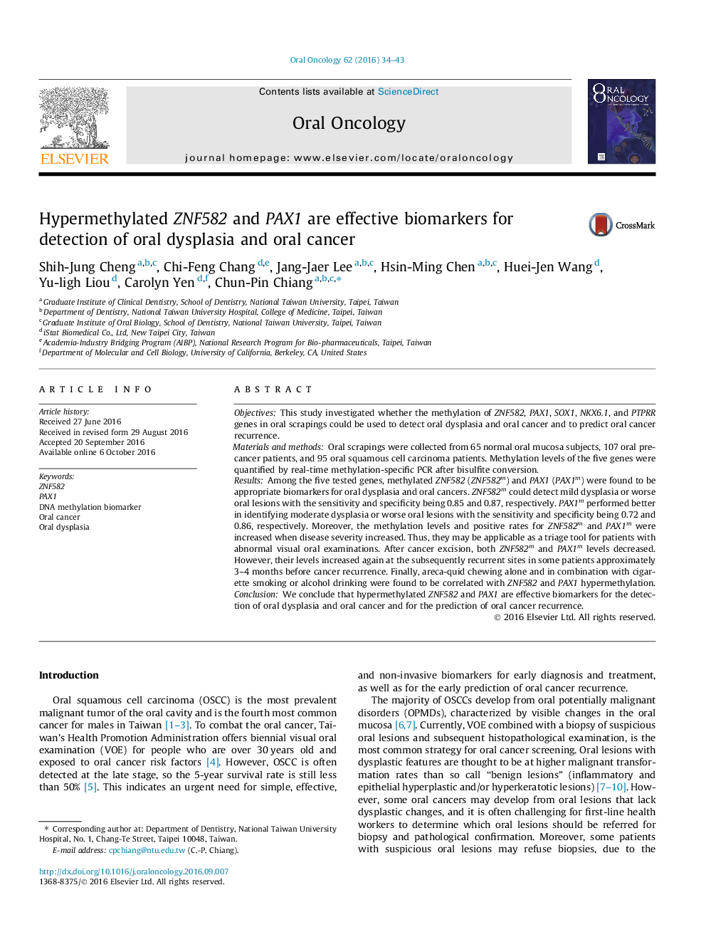 Hypermethylated ZNF582 and PAX1 are effective biomarkers for detection of oral dysplasia and oral cancer